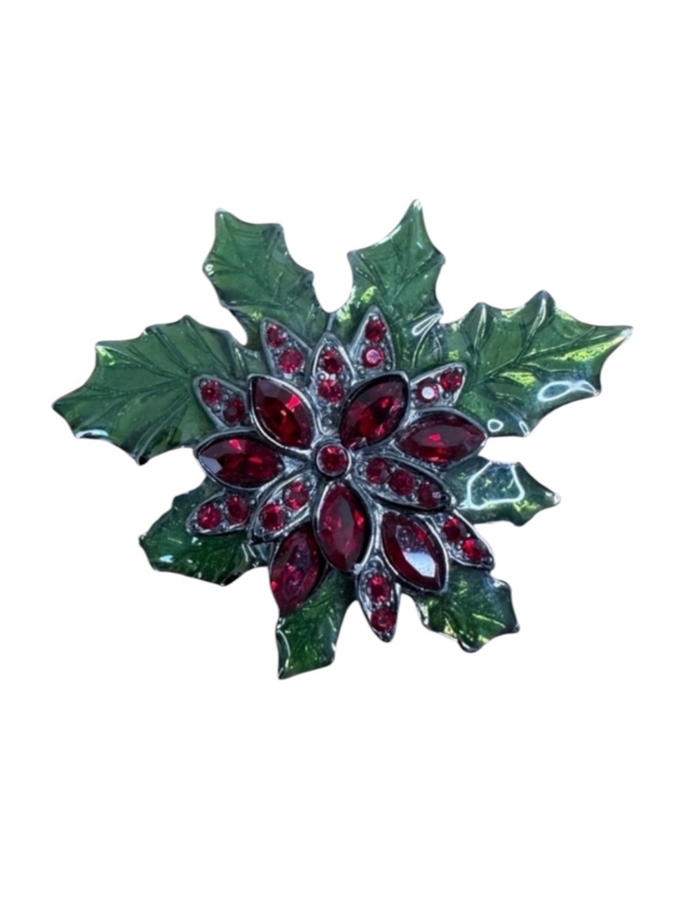 E. Pearl Christmas Poinsettia Brooch Pin Red Rhinestones Green Enamel Vintage